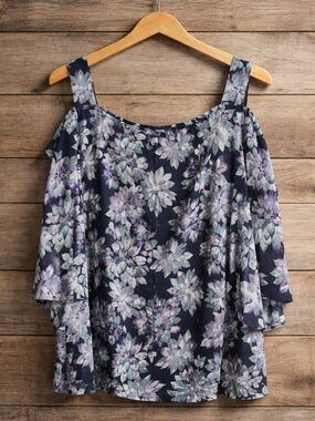 Catherines 4X 30/32 Cold Shoulder 3/4 split sleeve Floral Print Polyester Blouse